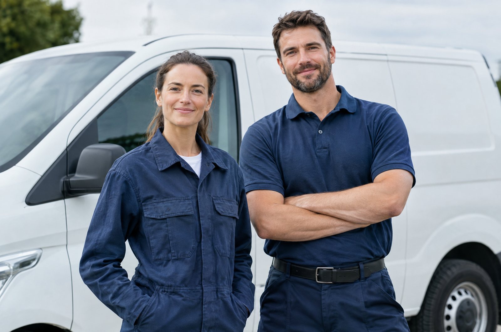 Techniciens devant un utilitaire de service