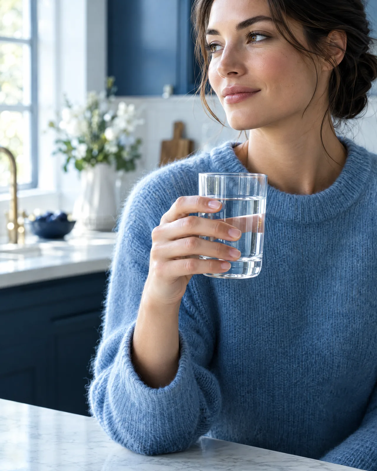Verre d'eau limpide tenu en main